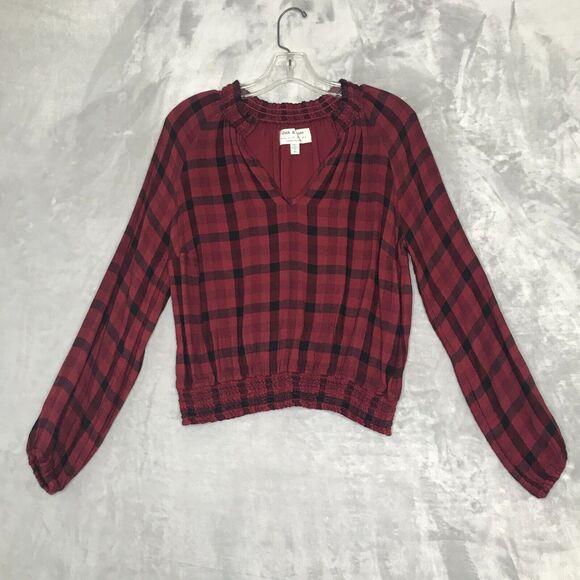 Anthropologie Cloth & Stone Top Womens XS Red Black Plaid V Neck Balloon Sleeve - Picture 1 of 10